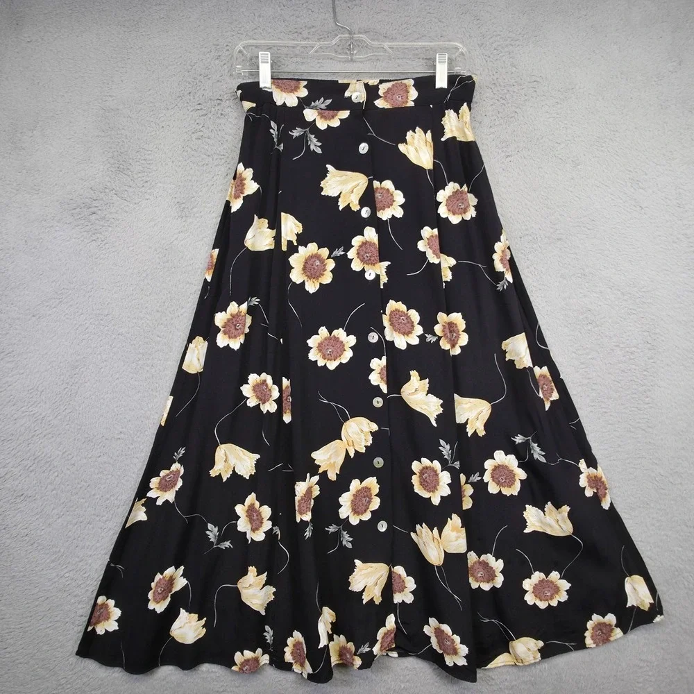 Vintage Vivoli Skirt Womens M Black Button Down Pleated Floral Cottagecore USA‎ - Picture 3 of 14